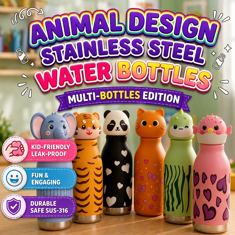 2 Pcs Animal Water Bottle for Kids – 450 ml 316 Stainless Steel Bottle (KANJAK DEAL)