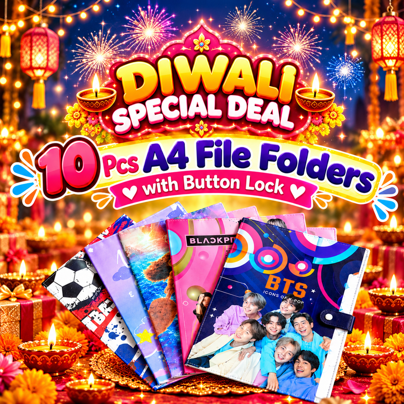 10 Pcs A4 File Folders with Button Lock – Unicorn, Moana, BTS, Black Pink & Football Designs (DIWALI DEAL)