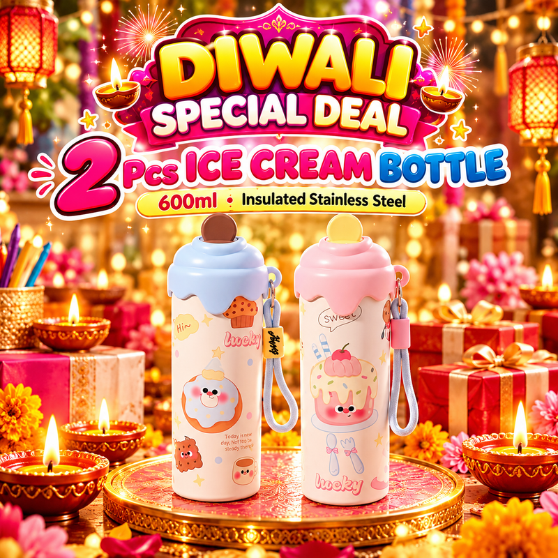 2 Pcs Ice Cream Bottle – 600ml Insulated Stainless Steel Bottle (DIWALI DEAL)