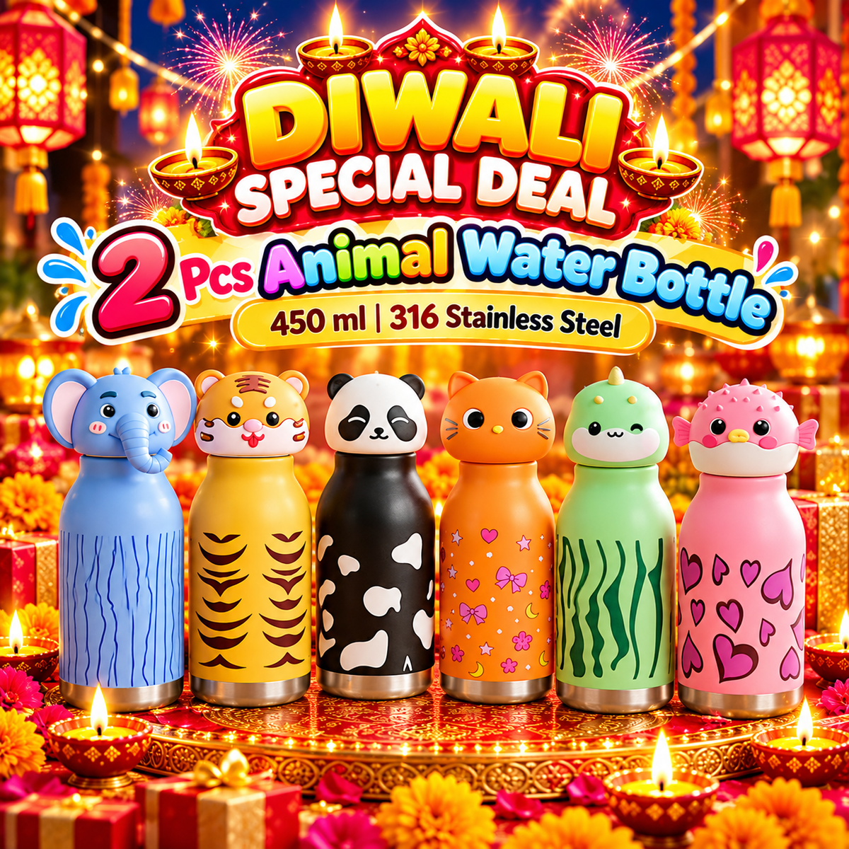 2 Pcs Animal Water Bottle for Kids – 450 ml 316 Stainless Steel Bottle (DIWALI DEAL)